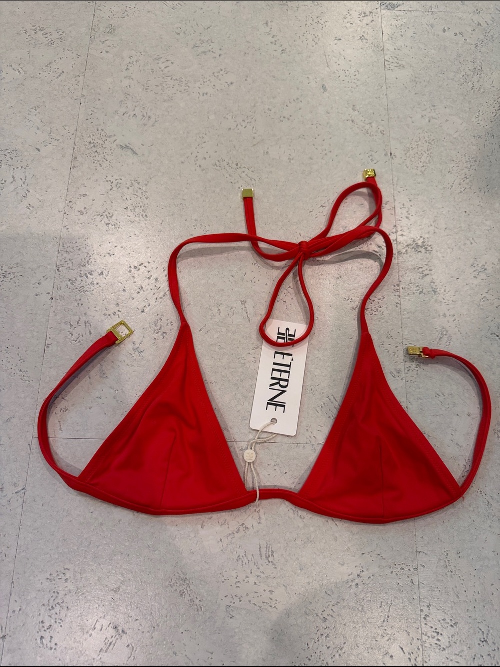 Eterne Red Triangle Swim Bra with Gold Accents